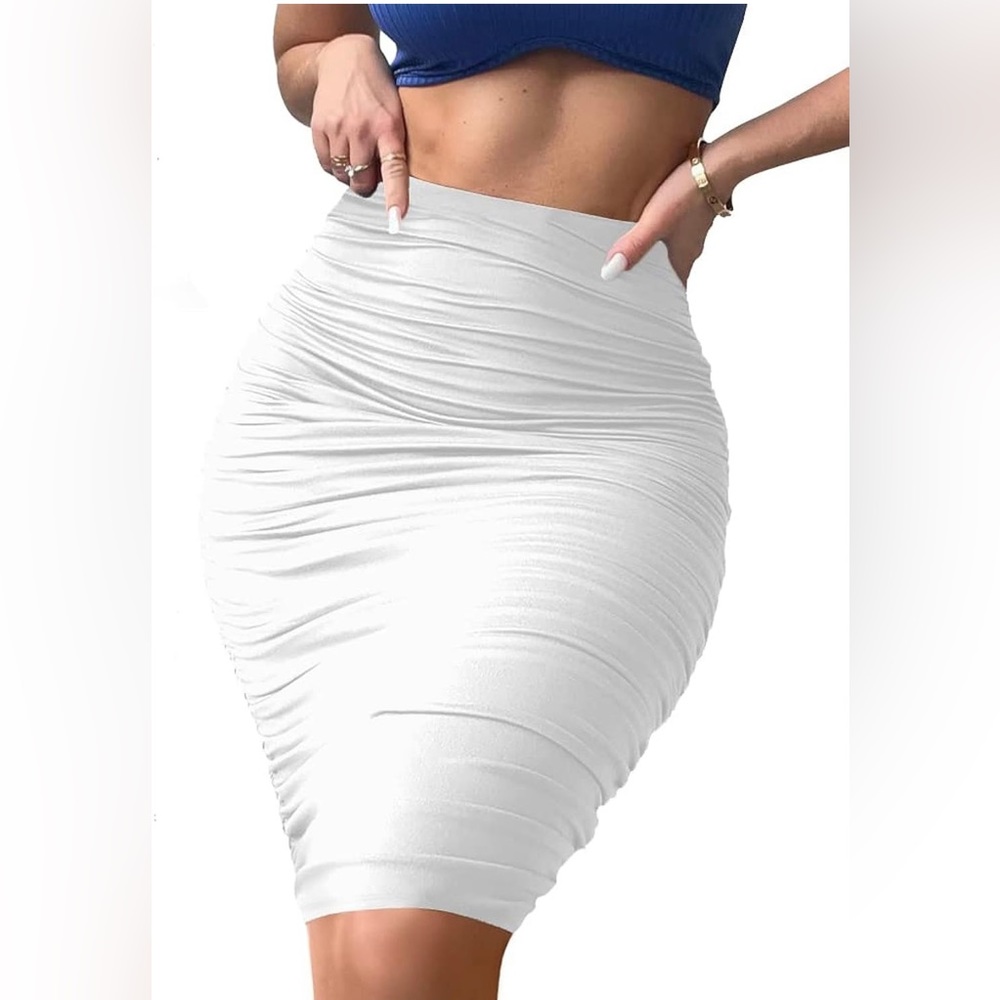Women's Elastic High Waist Ruched Bodycon Stretch Elegant Pencil Midi Skirt